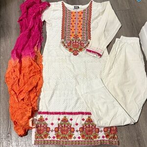 White Embroidered Kurta Set with Pink and Orange Dupatta